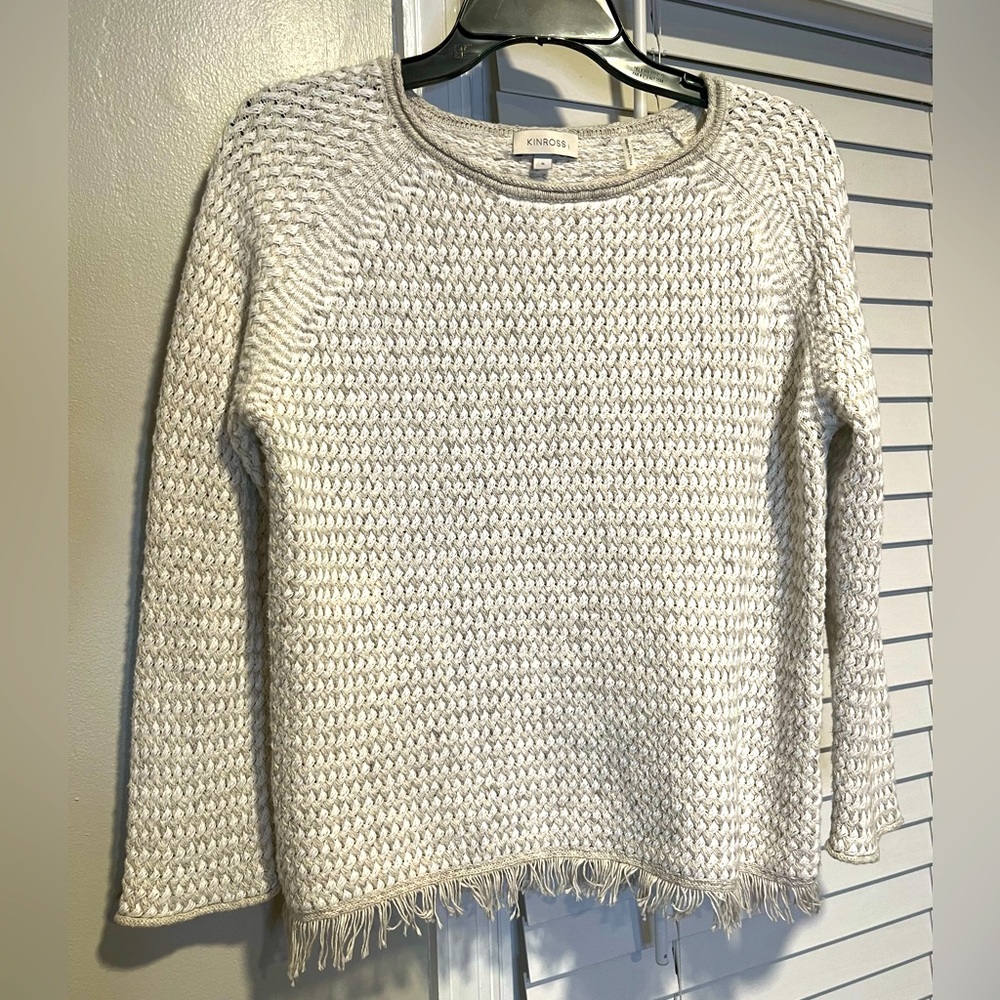 KINROSS Luxury White & Pebble Lattice Knit Cotton Fringe Sweater S